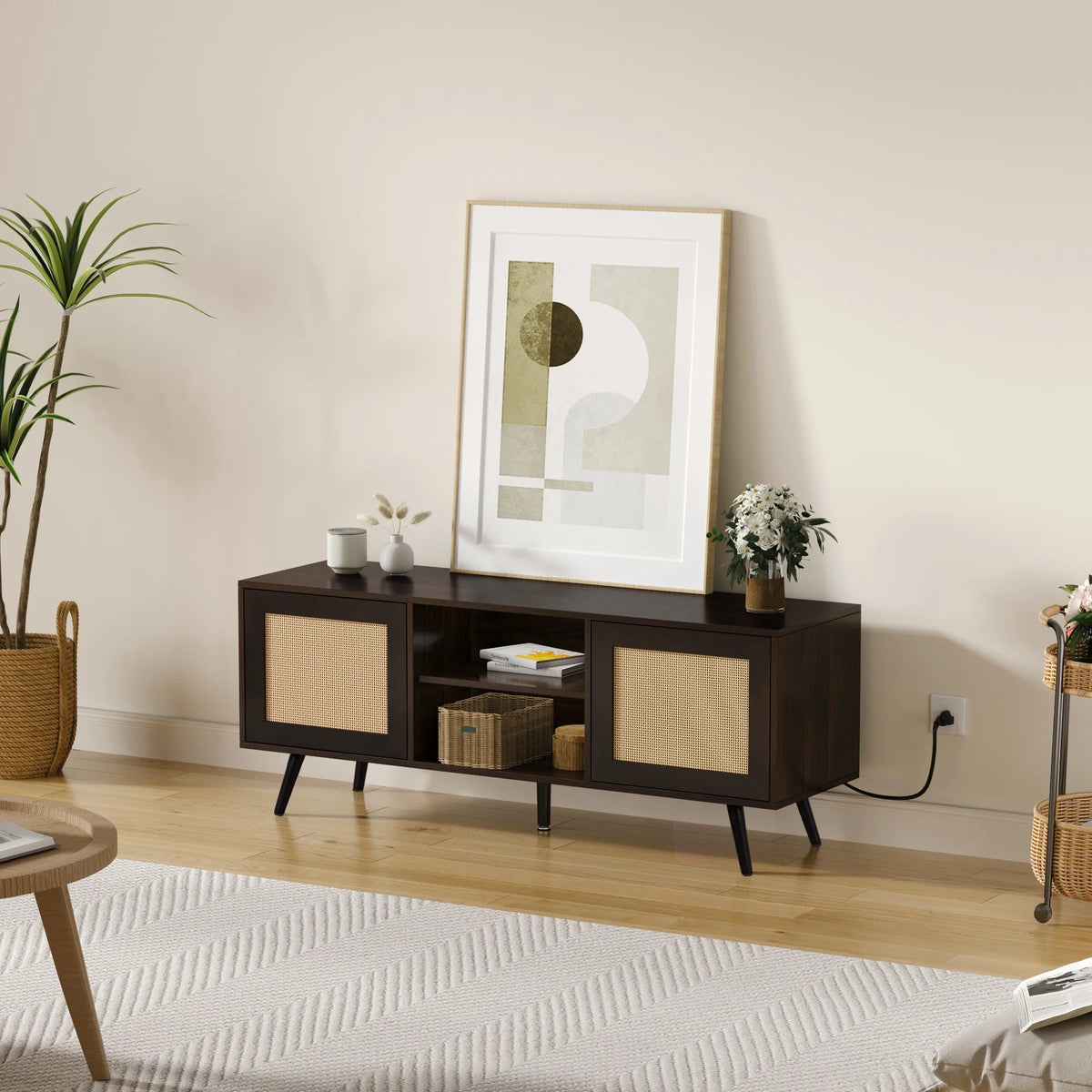 60-inch Rattan TV Stand with Adjustable Shelves and 2 Cabinets O514