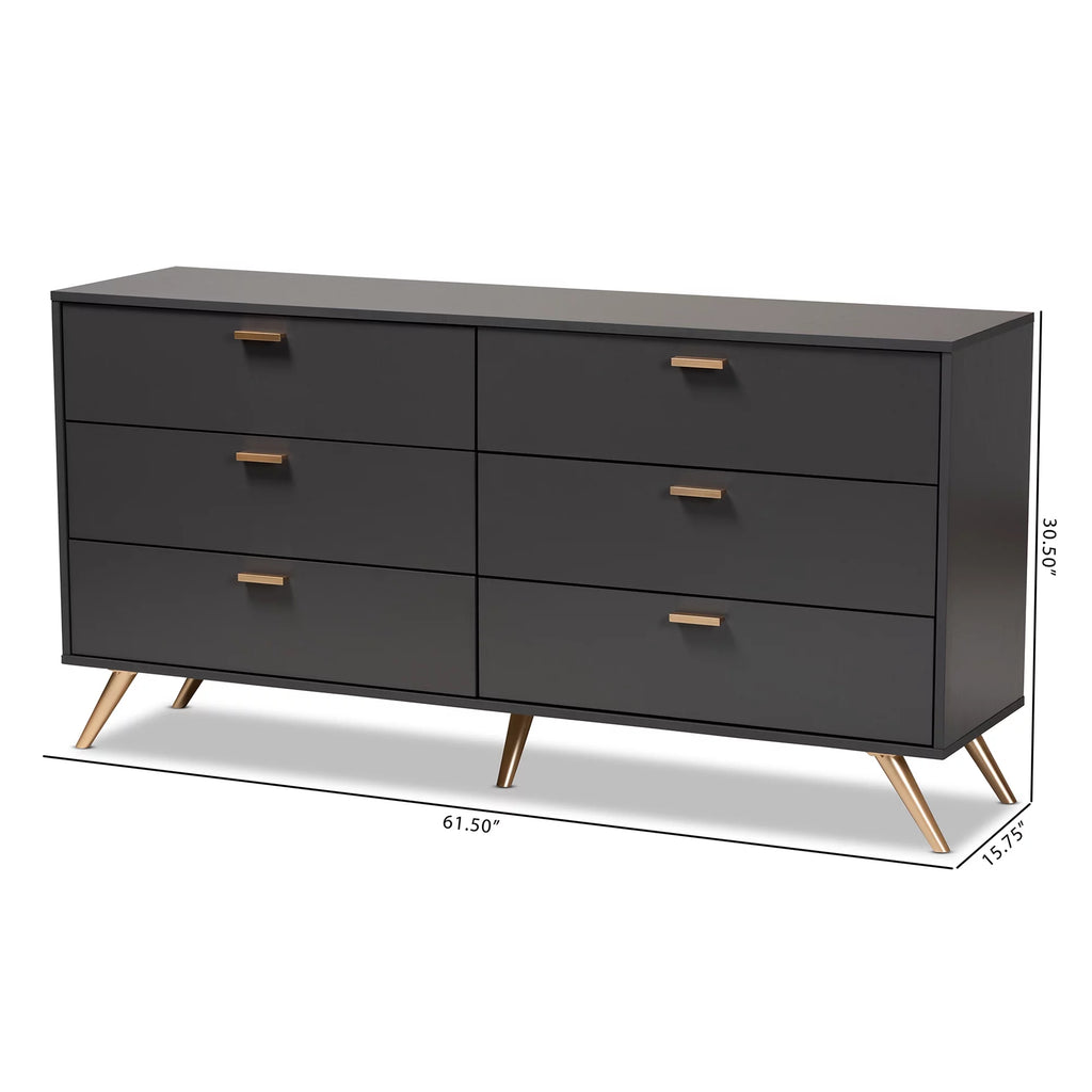 Dark Grey Gold Wood 6-Drawer Dresser S18159