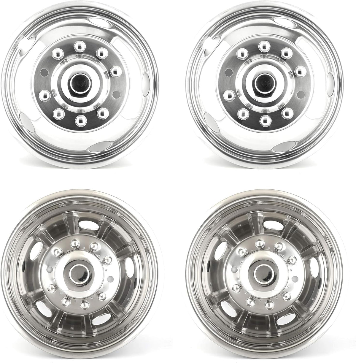 4pcs 19.5 Dually Steel Wheel Simulators Hub Covers 10 Lug Bolt on 304L Stainless Steel Polished Hub Cap Skins Liners F110161