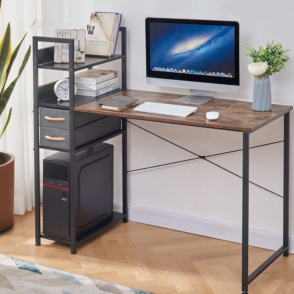 Black & Rustic Brown Computer Desk with Canvas Drawer T23142