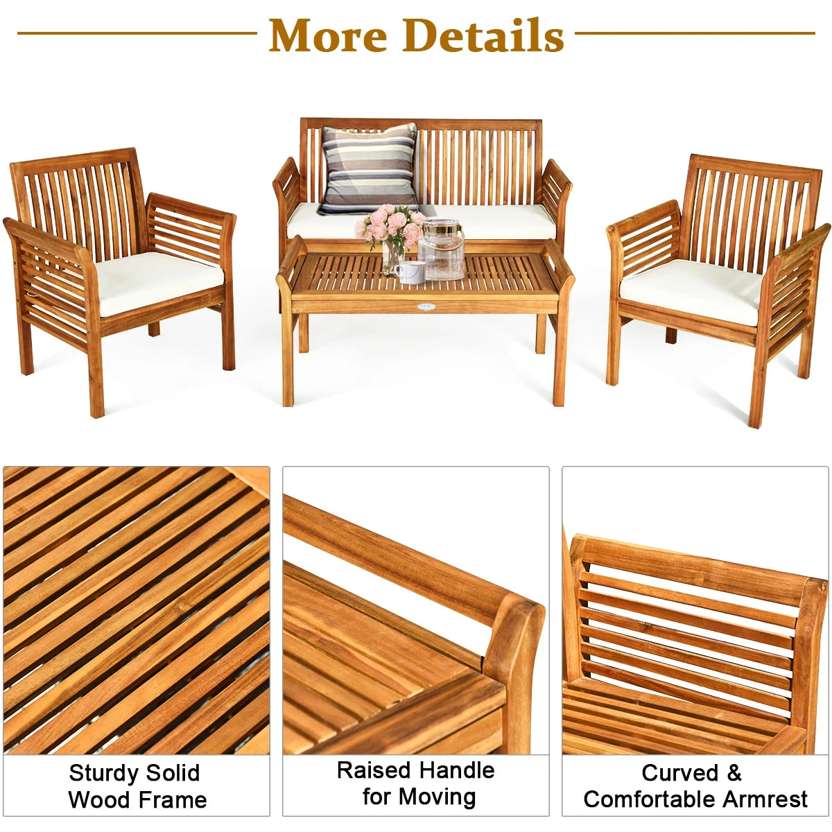 4-Piece Acacia Wood Patio Sofa Set with Beige Cushions P92169