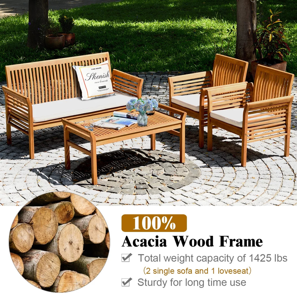4-Piece Acacia Wood Patio Sofa Set with Beige Cushions P92169