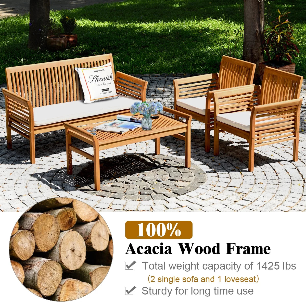 4-Piece Acacia Wood Patio Sofa Set with Beige Cushions P92169