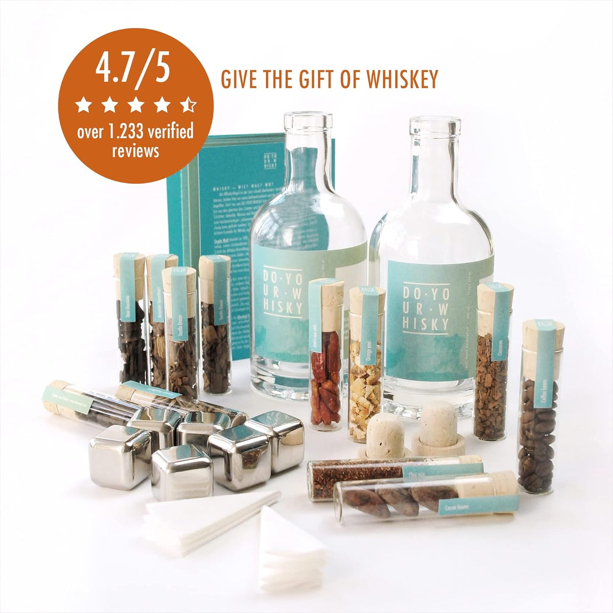 DIY Whisky Infusion Kit with 12 Woodchip Blends & Botanicals in Glass Tubes, 6 Whiskey Stones, Pack of 2 W265224