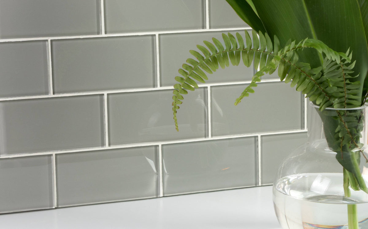 Glossy Soft Gray Glass Subway Tile, 3 inch x 6 inch, 5 Square Feet Carton Z451395