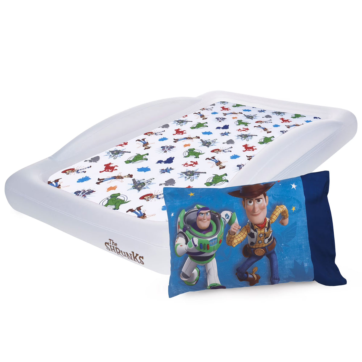 Toy Story Kids Inflatable Travel Bed with Safety Side Rails and Crib Sheet and Pillowcase Set W960291