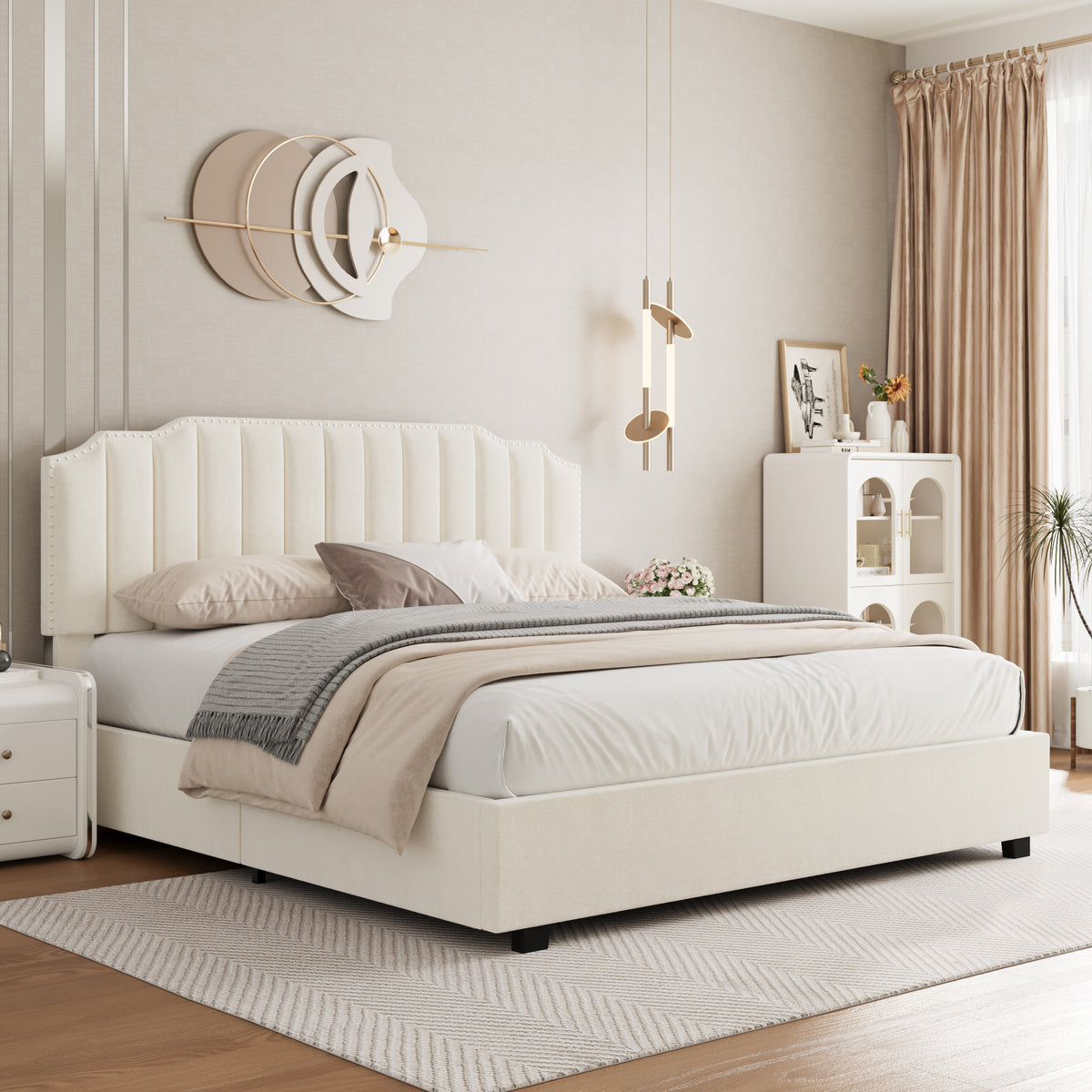 Beige Velvet Queen Bed with Underbed Storage F9444