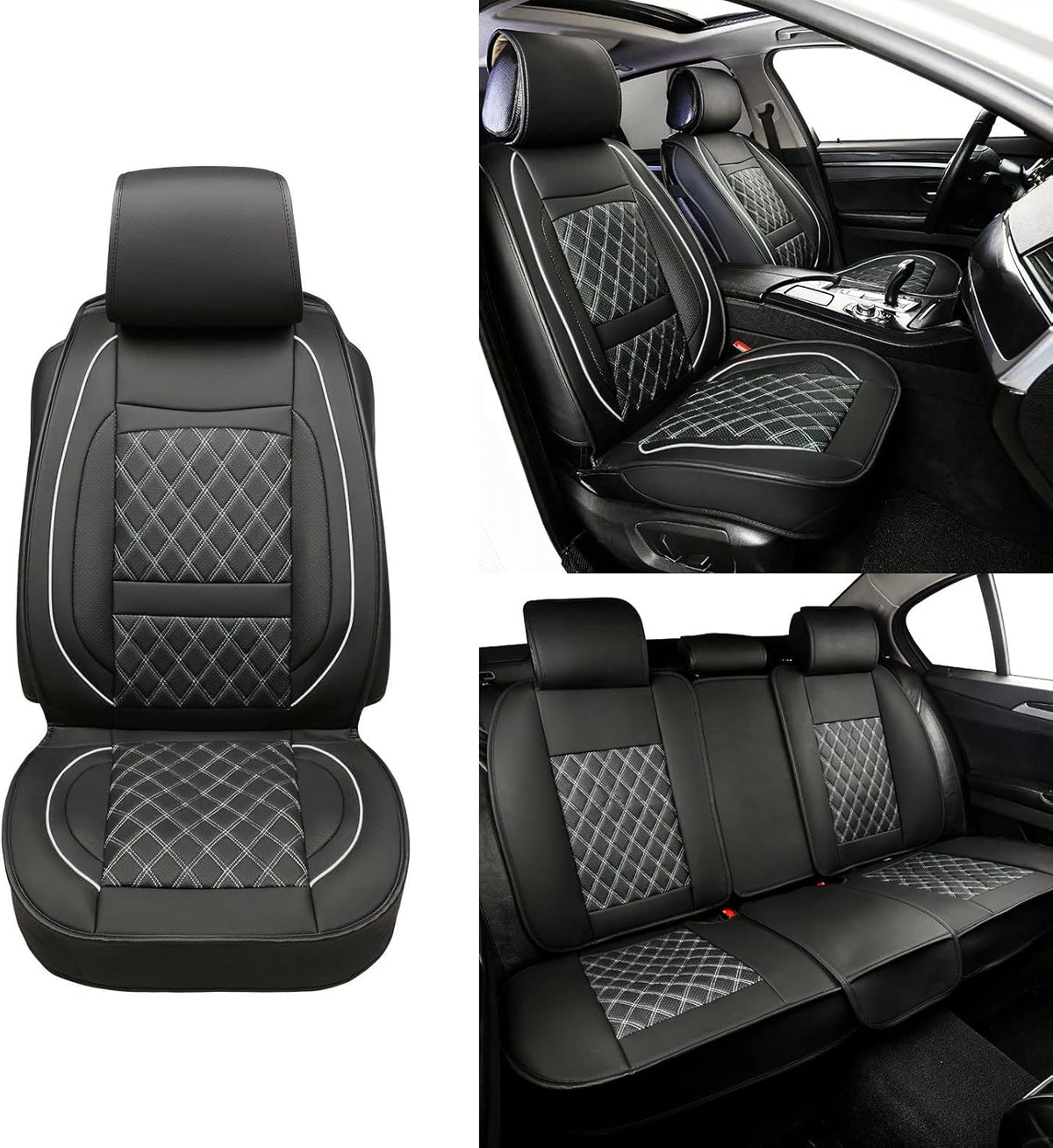 5 Car Seat Covers Black and Blue Leather Full Seat with 2 Car Backseat Storage Waterproof C880