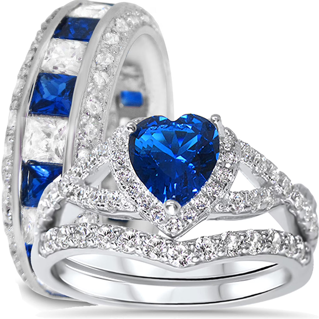 Sterling Blue Sapphire CZ Bridal Wedding Band Engagement Ring Set Z6387