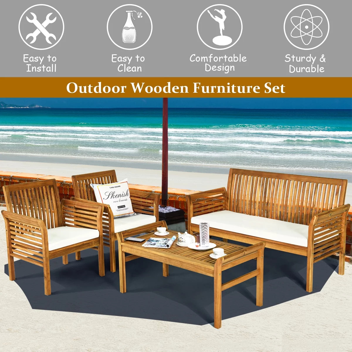 4-Piece Acacia Wood Patio Sofa Set with Beige Cushions P92169