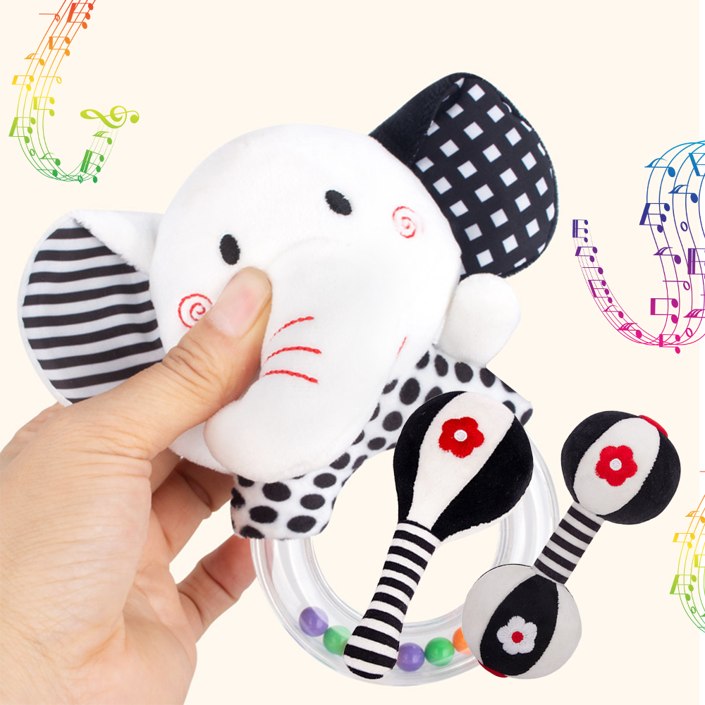 3PCS Soft High Contrast Black White Baby Rattles K93639