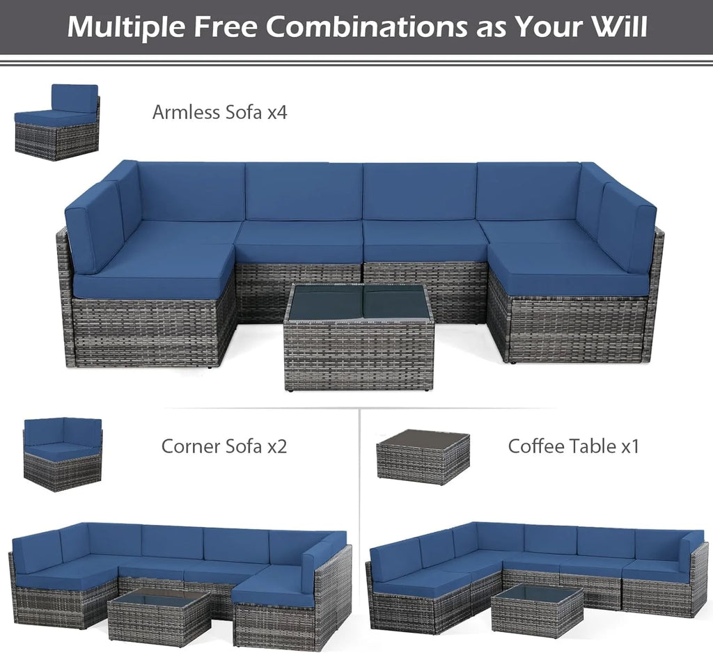 7-Piece PE Rattan Wicker Outdoor Sectional Sofa Set I378658