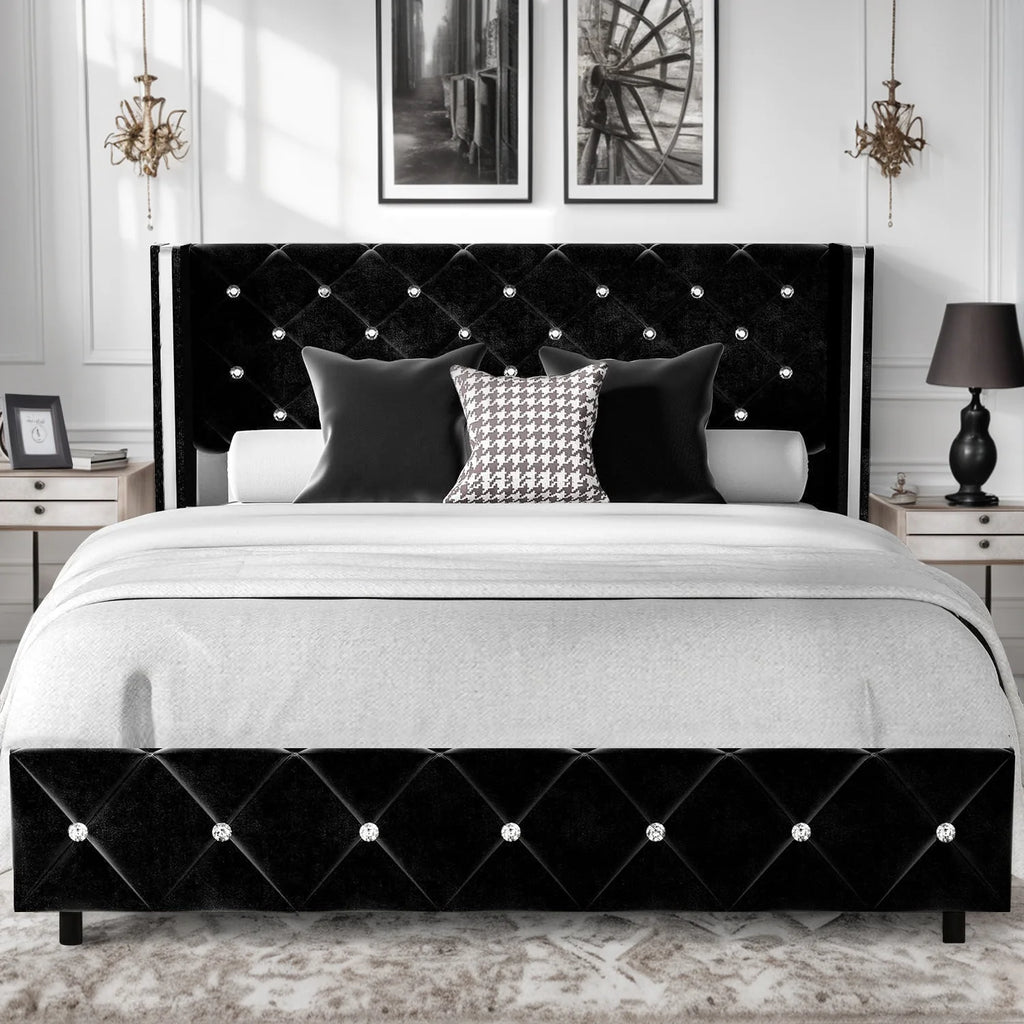 Queen Size Upholstered Platform Bed Frame with Wingback Headboard E75311