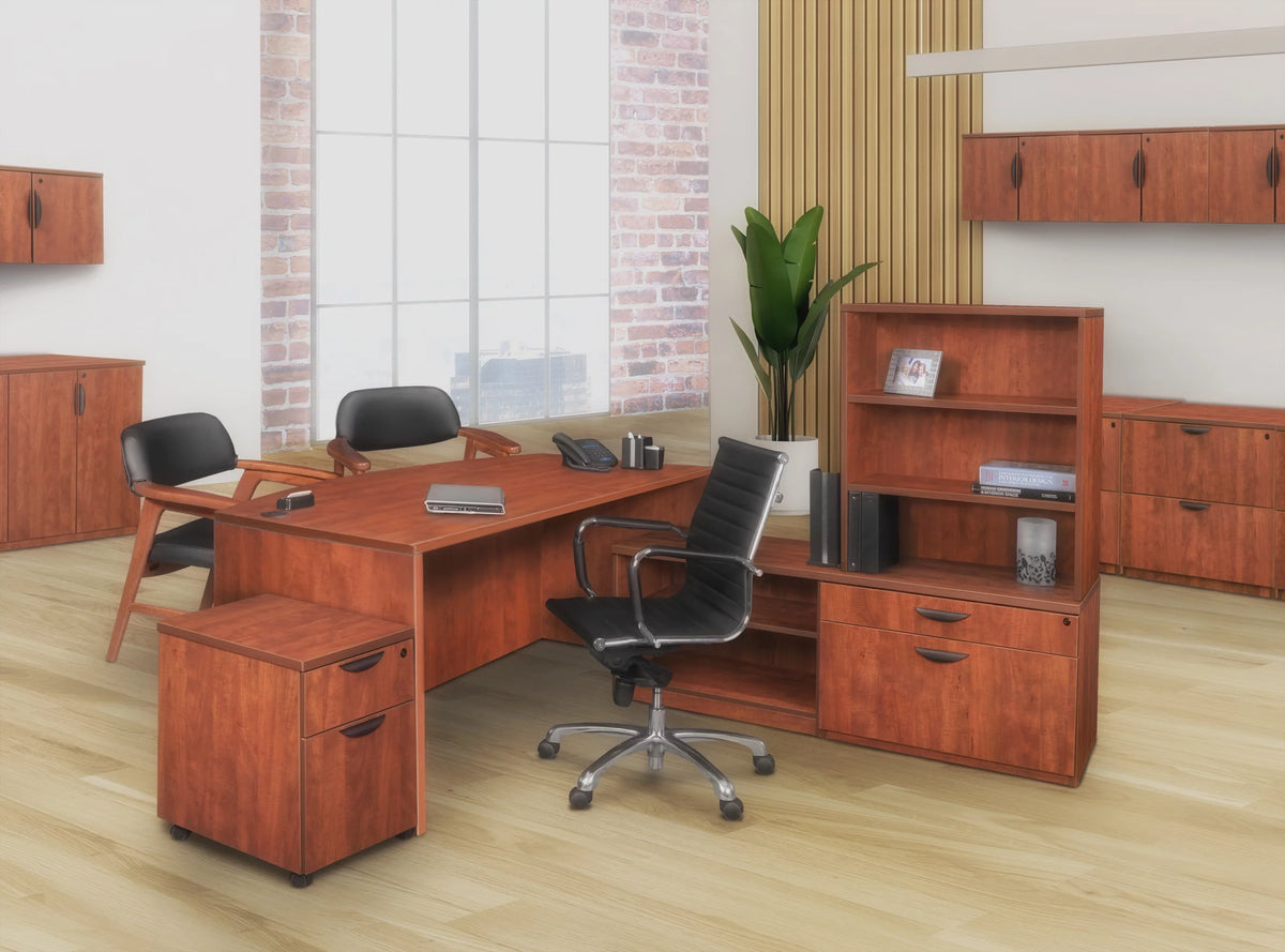 71 in. Hi-Low Bow Front L Desk with Single Mobile Pedestal Cherry N388
