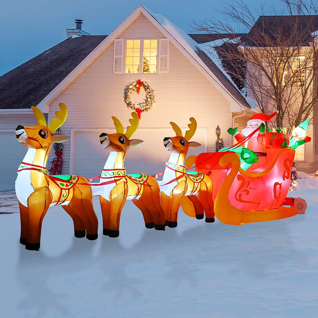 12 FT LED Lighted Santa on Sleigh with Reindeers and Gift Boxes Inflatable Decoration V8587