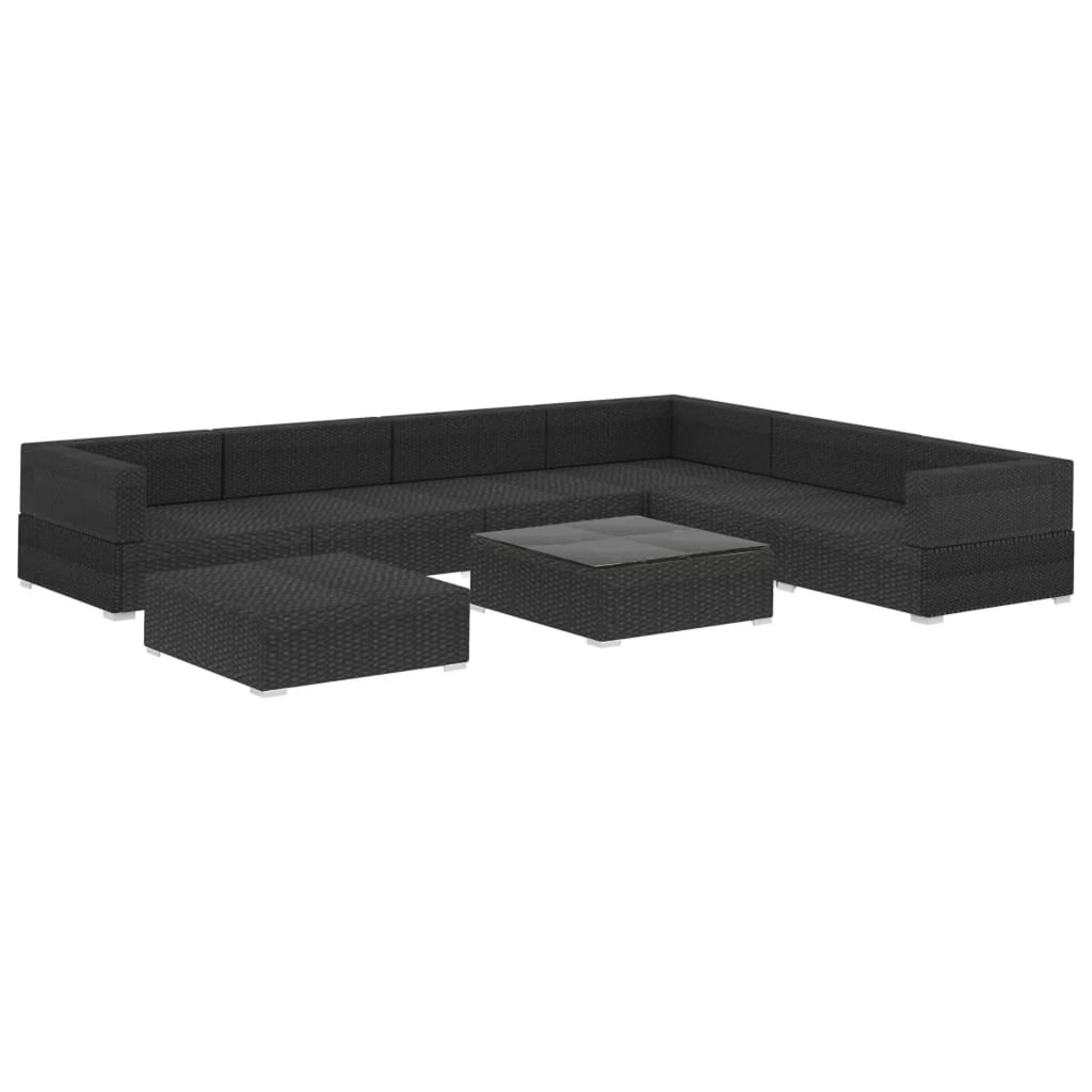8 Piece Black Poly Rattan Patio Lounge Set with Cushions B45021