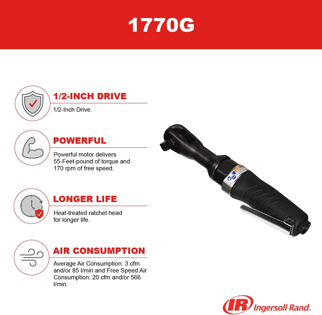 1/2" Drive Air Ratchet Wrench, 55 ft-lbs Max Torque, 170 RPM, Black K761505
