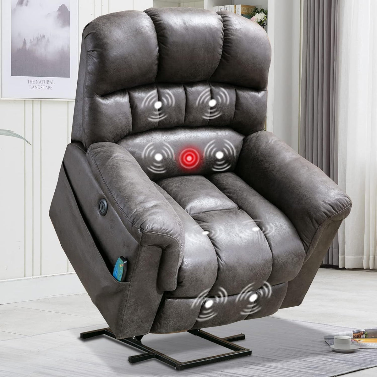 Large Power Lift Recliner Chair with Massage and Heat, Faux Leather, Grey H853