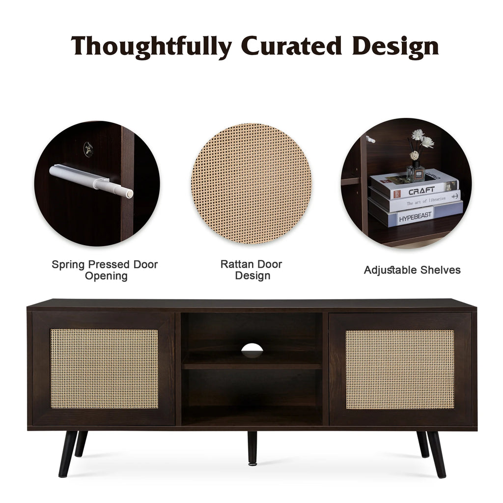 60-inch Rattan TV Stand with Adjustable Shelves and 2 Cabinets O514