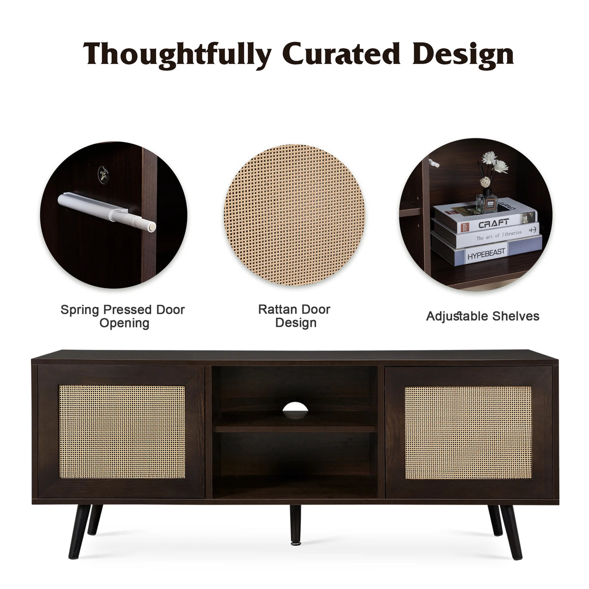 60-inch Rattan TV Stand with Adjustable Shelves and 2 Cabinets O514