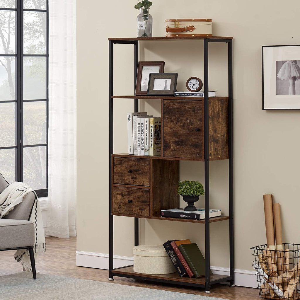 5 Tier Wood Bookcase with Drawer and Door, Rustic Brown S2270