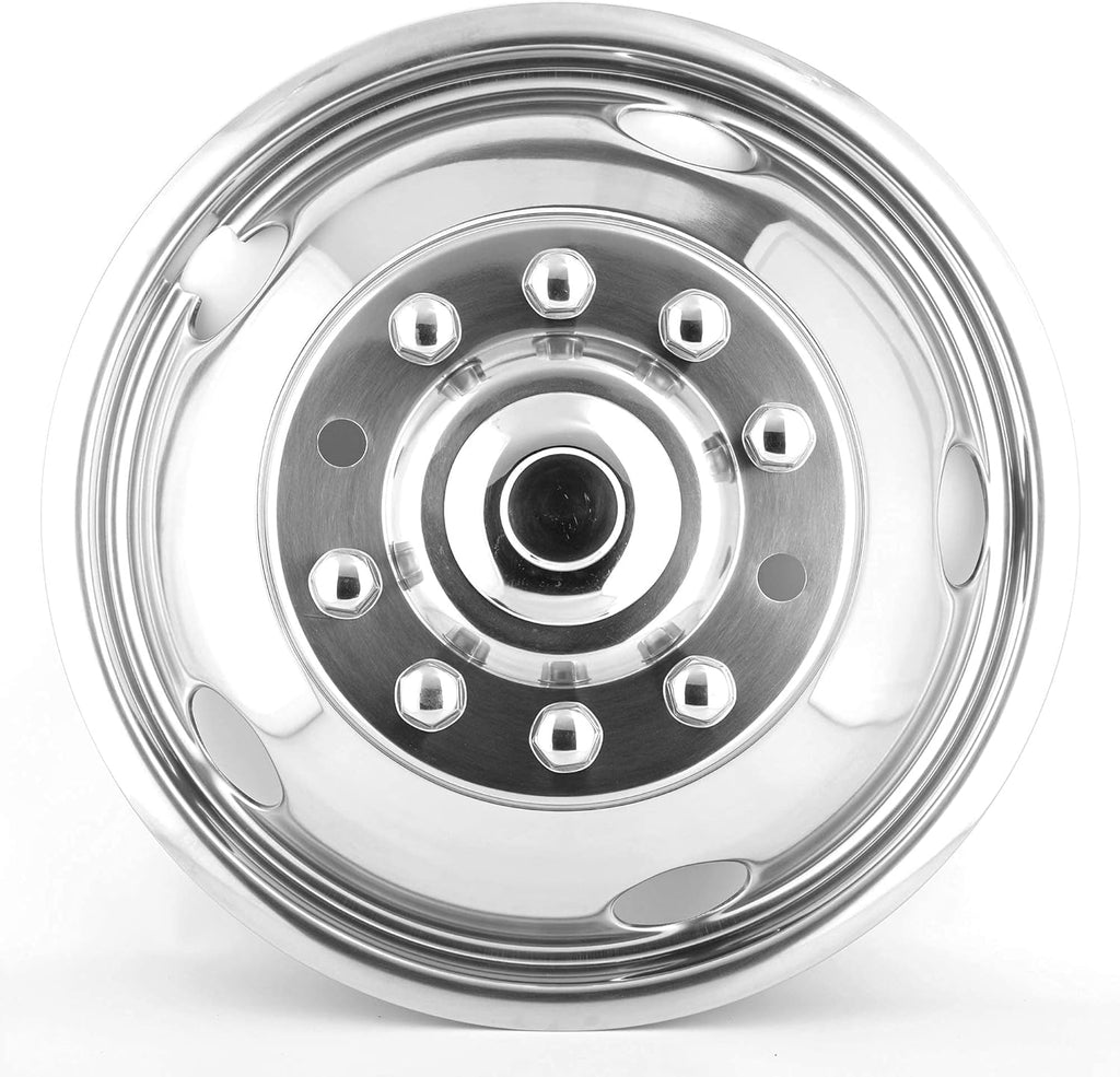 4pcs 19.5 Dually Steel Wheel Simulators Hub Covers 10 Lug Bolt on 304L Stainless Steel Polished Hub Cap Skins Liners F110161