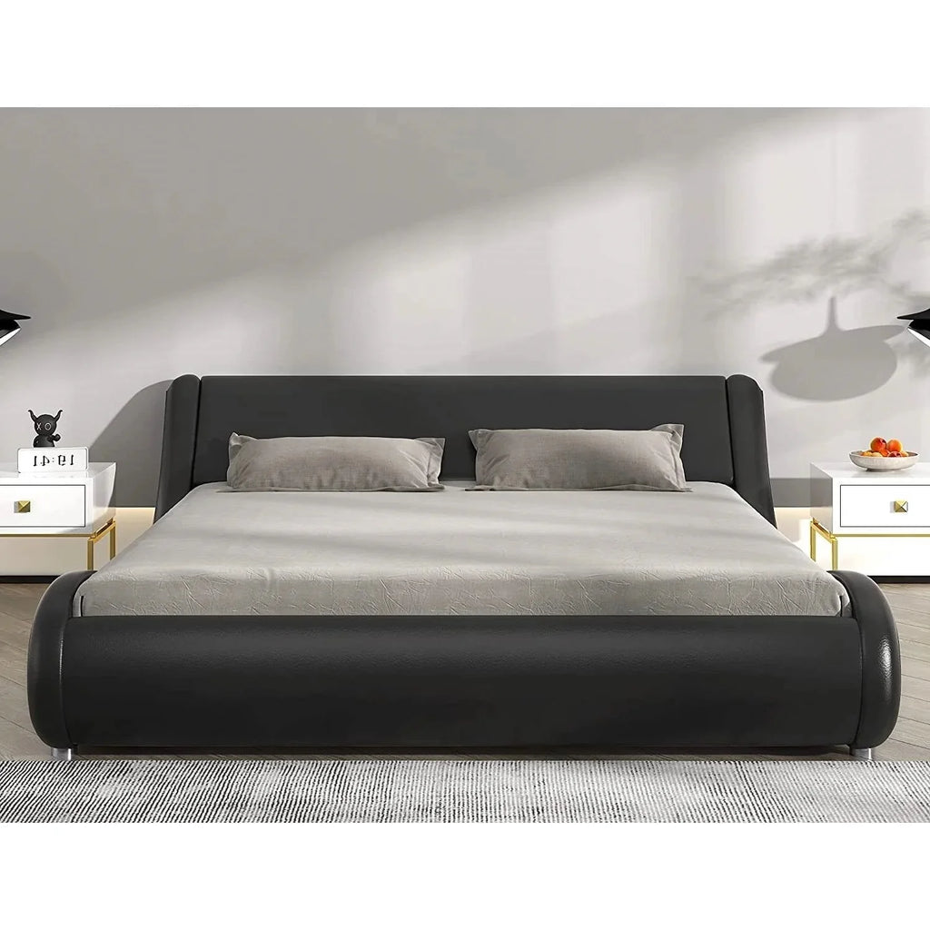 Black Faux Leather Queen Platform Bed Frame with Headboard K449