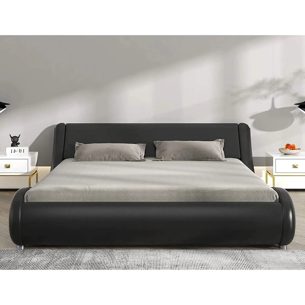Black Faux Leather Queen Platform Bed Frame with Headboard K449