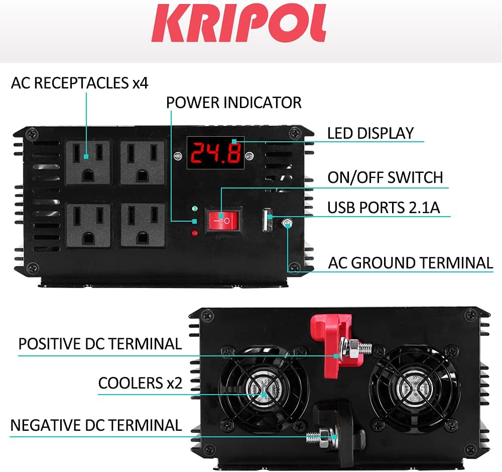 1500 Watt Pure Sine Wave Power Inverter 24v DC to 110/120v AC 60HZ with 4 AC and 1 USB Output D190368