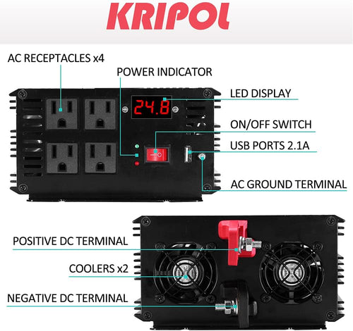 1500 Watt Pure Sine Wave Power Inverter 24v DC to 110/120v AC 60HZ with 4 AC and 1 USB Output D190368