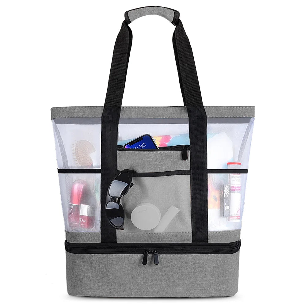 Gray Mesh Beach Tote with Zipper and Detachable Cooler Q198294