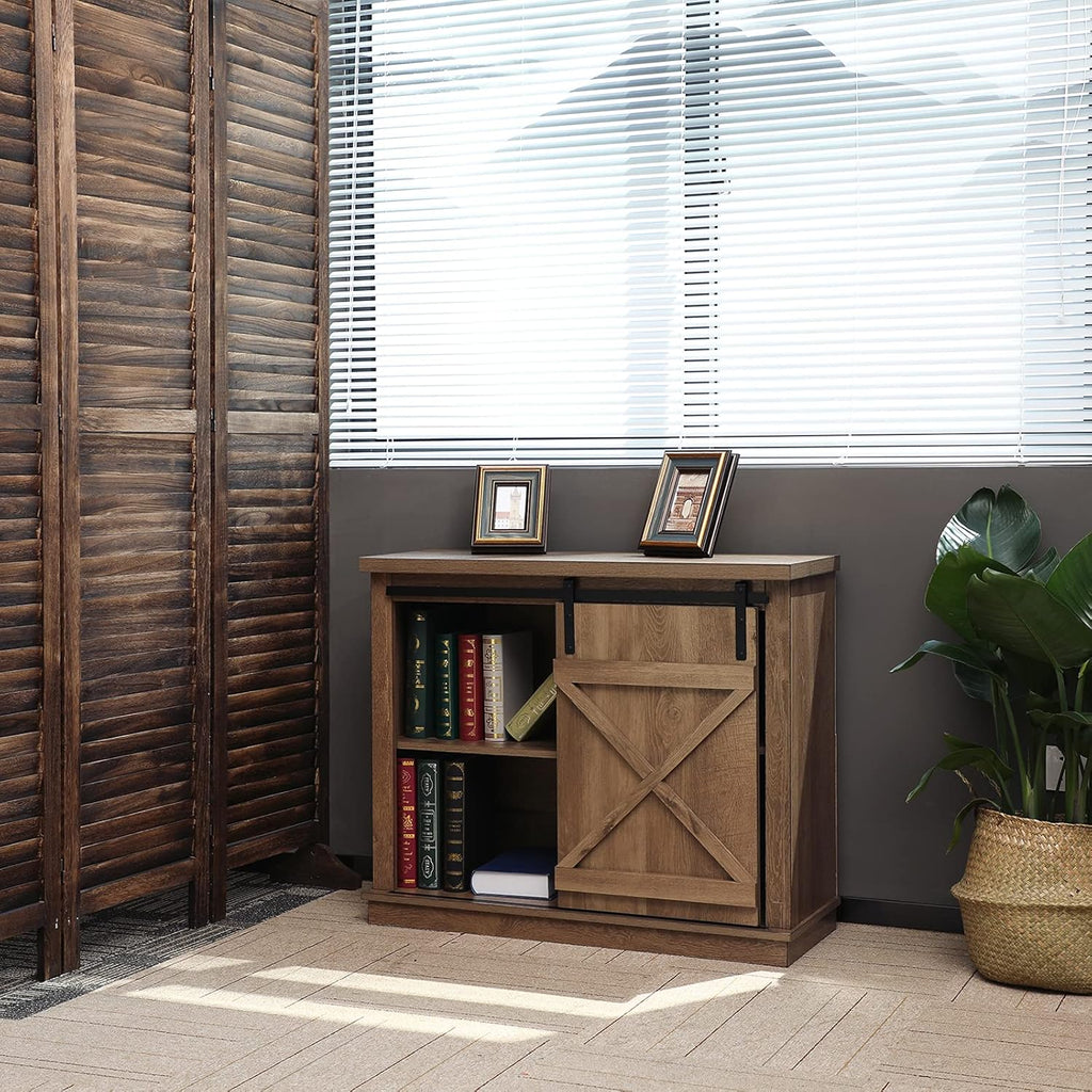 Farmhouse X Cabinet with Sliding Barn Door Storage Cabinet Coffee Table, 36 Wide Rustic Oak L3132