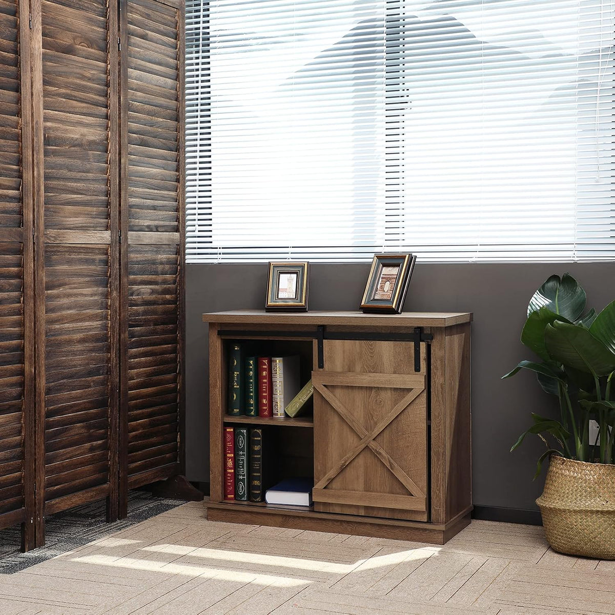 Farmhouse X Cabinet with Sliding Barn Door Storage Cabinet Coffee Table, 36 Wide Rustic Oak L3132