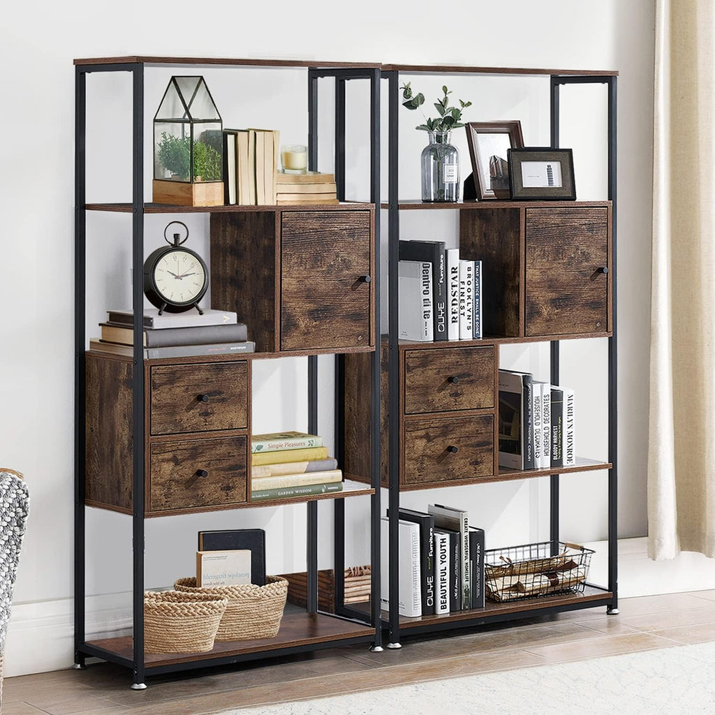 5 Tier Wood Bookcase with Drawer and Door, Rustic Brown S2270