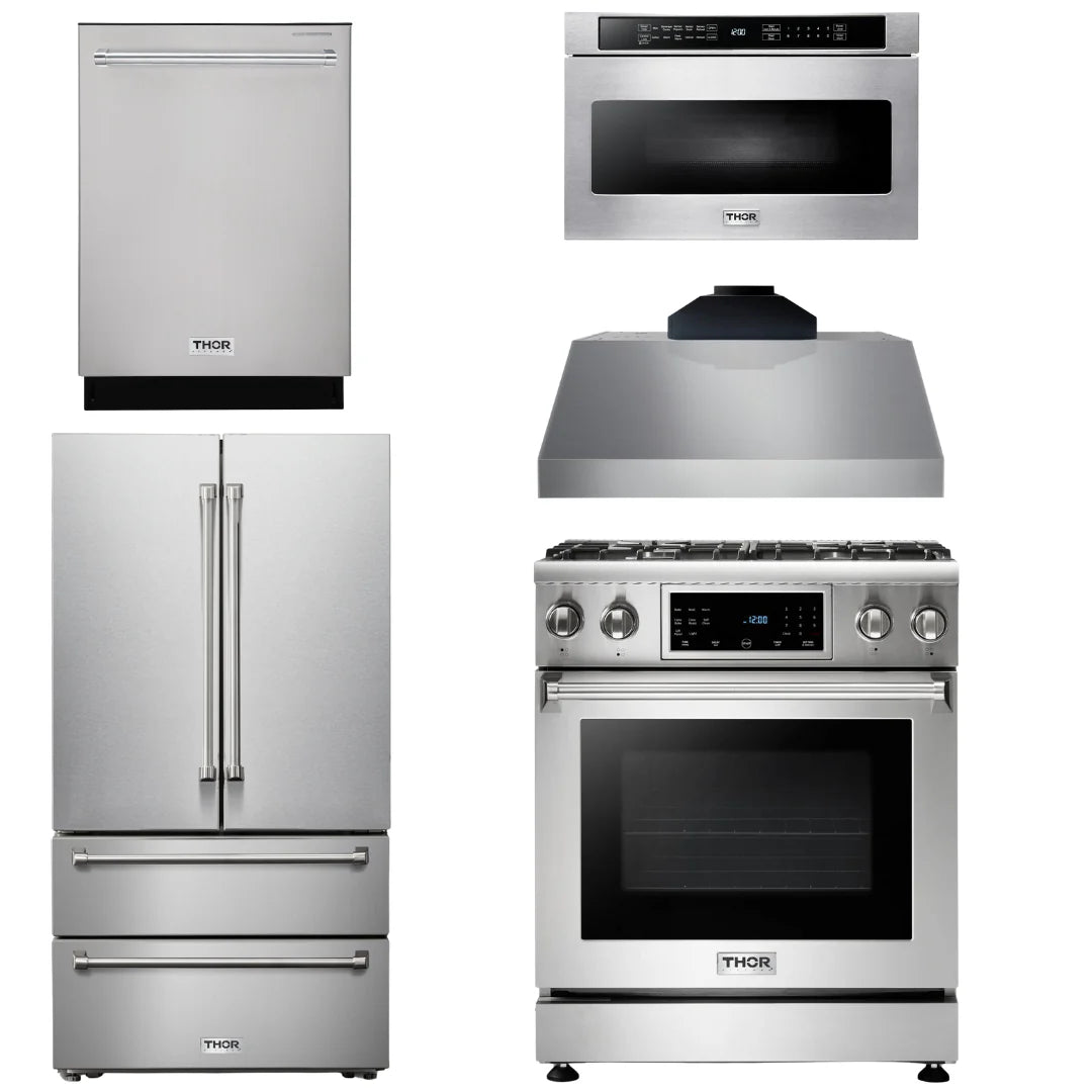 30 In. Gas Range, Range Hood, Microwave Drawer, Refrigerator, Dishwasher G47779