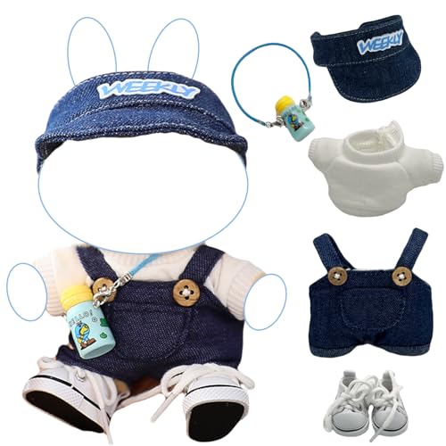 17cm Doll 4-Piece Clothes Set Denim Overall Sun Hat T-Shirt Knitted Flower Brooch D3075