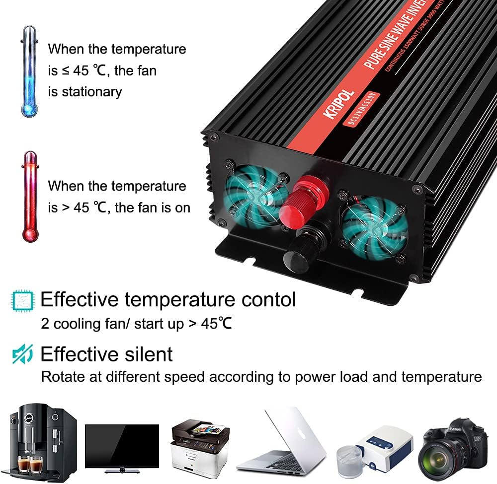 1500 Watt Pure Sine Wave Power Inverter 24v DC to 110/120v AC 60HZ with 4 AC and 1 USB Output D190368