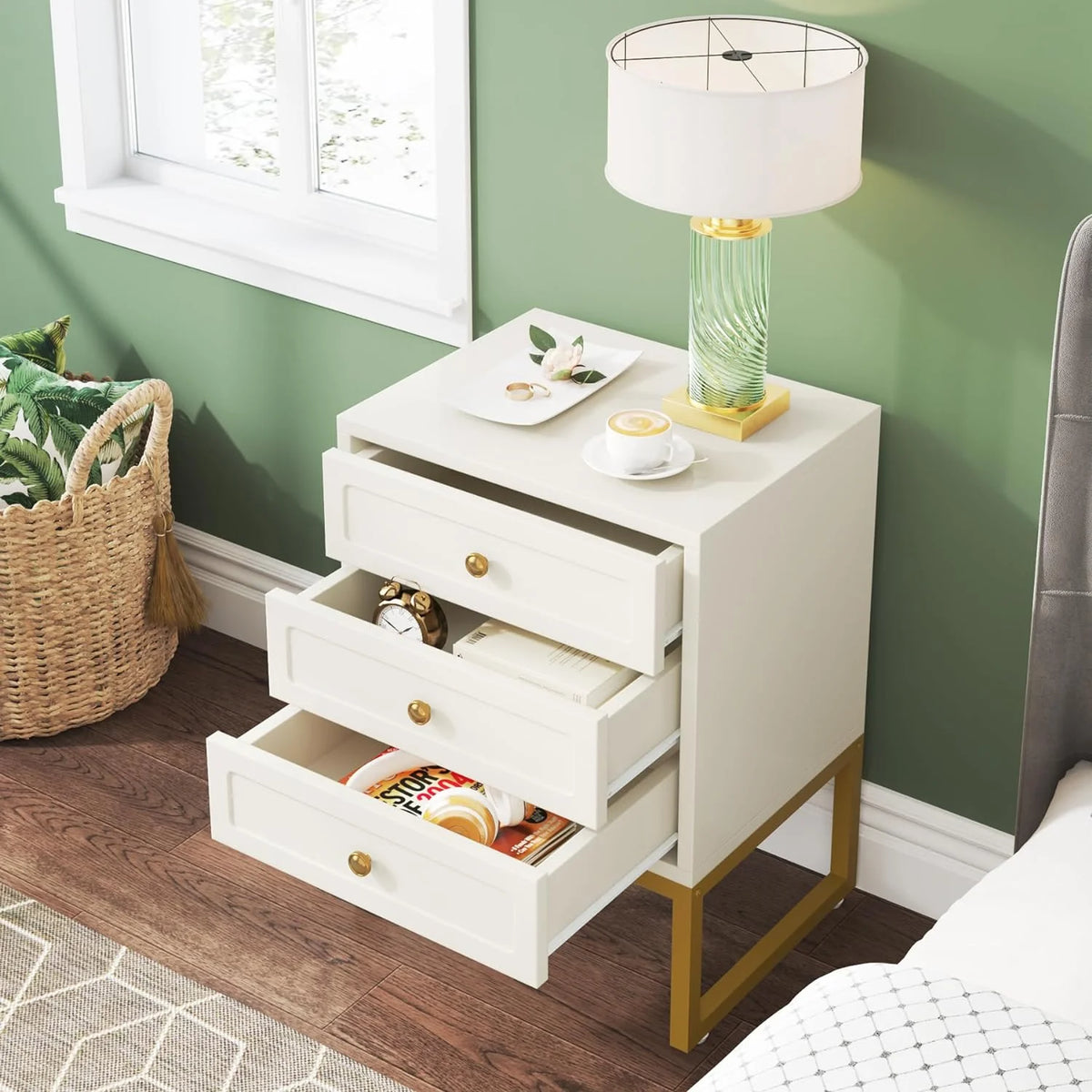 Modern 3 Drawer Wood Nightstand with Gold Metal Legs B1004