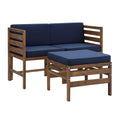 Dark Brown Navy Blue Acacia Patio Arm Chairs and Ottoman A17899
