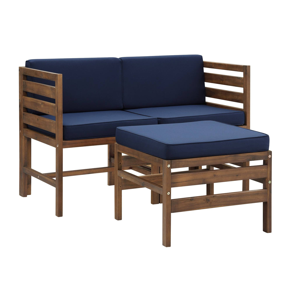 Dark Brown Navy Blue Acacia Patio Arm Chairs and Ottoman A17899
